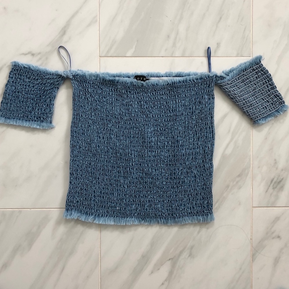 Denim off the shoulder scrunched top